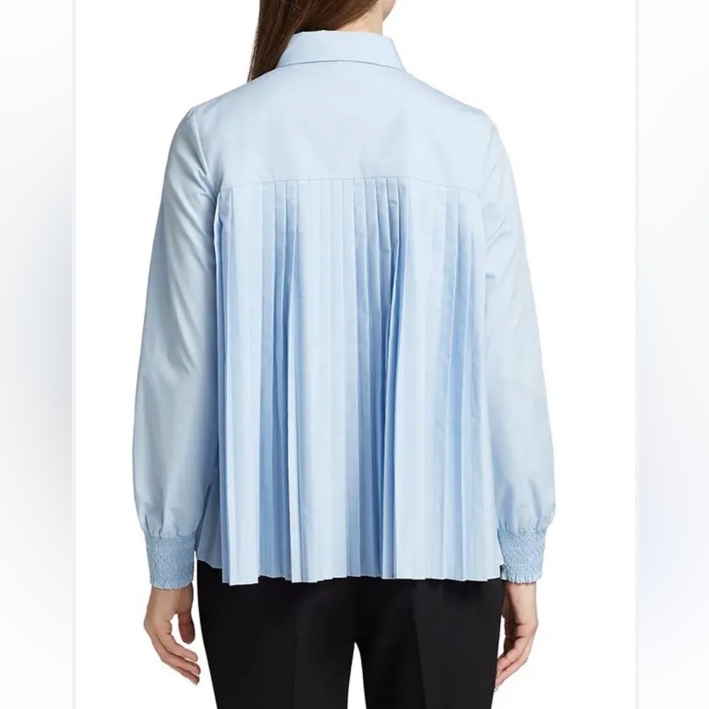 Elie Tahari Light Blue Cotton-Blend Puff-Sleeve Button-Up Shirt Pleated Back